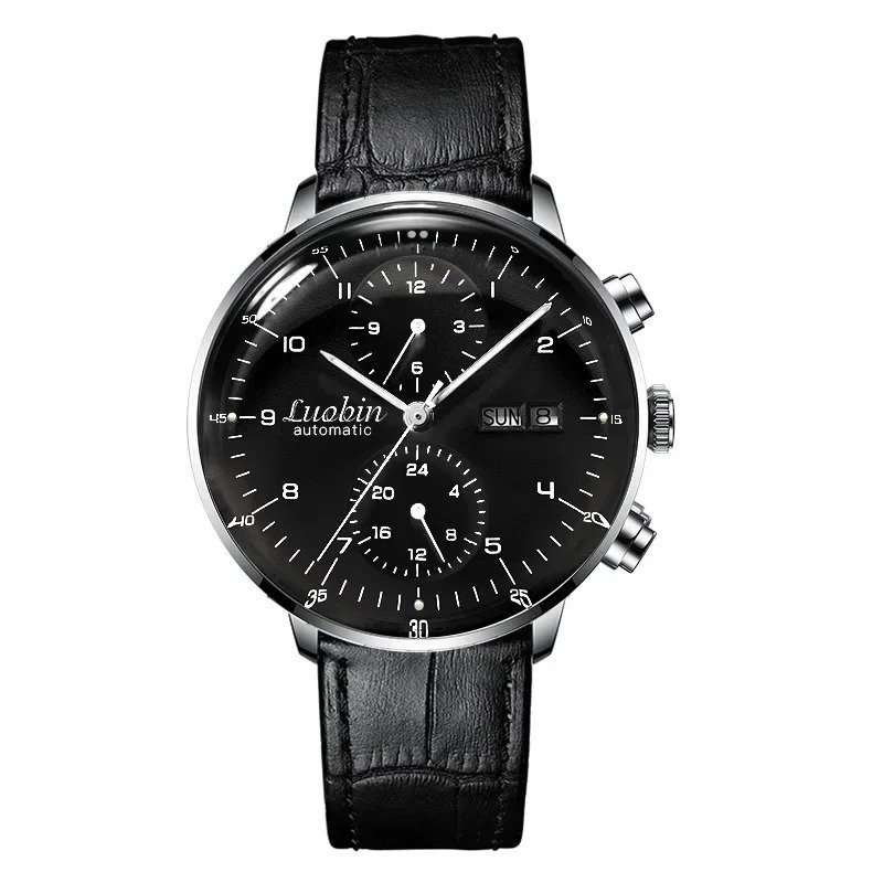 Black automatic mechanical watch with leather strap and day-date display