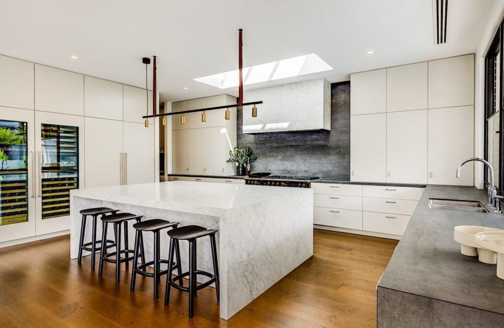 Large kitchen island in a modern Australian kitchen.