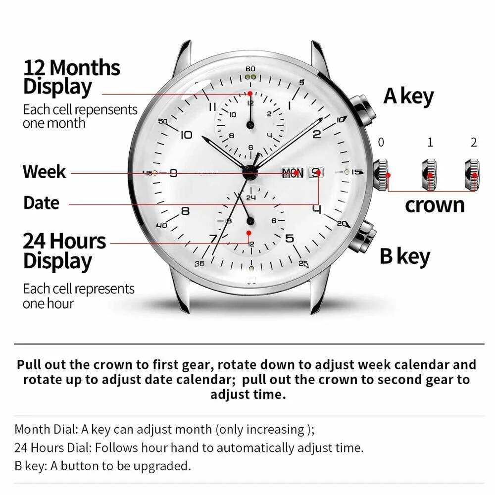 Automatic mechanical watch with day-date display and crown controls