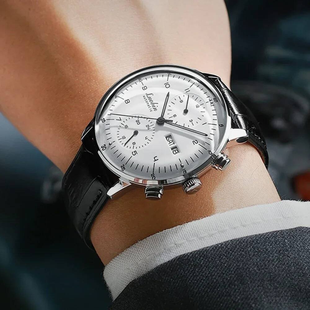 Automatic mechanical watch with leather strap worn on the wrist