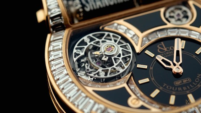 Collection of luxury Swiss watches displayed inside a premium showroom