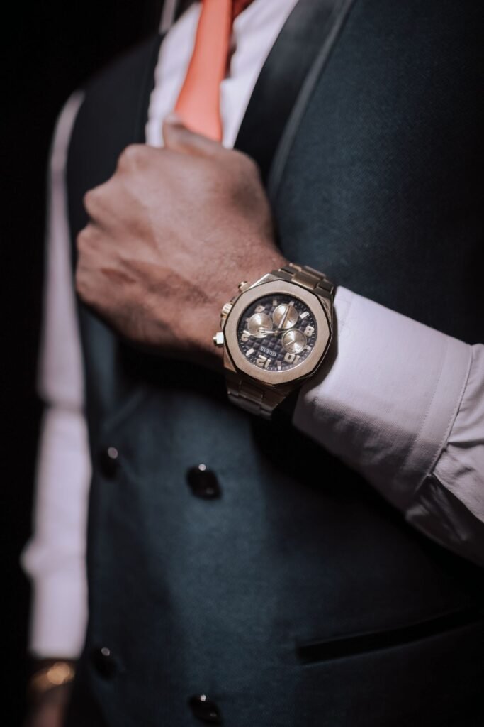 Elegant Swiss dress watch with leather strap on a formal background