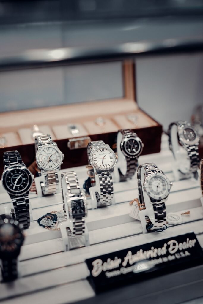 Interior of a luxury Swiss watch boutique with premium display case