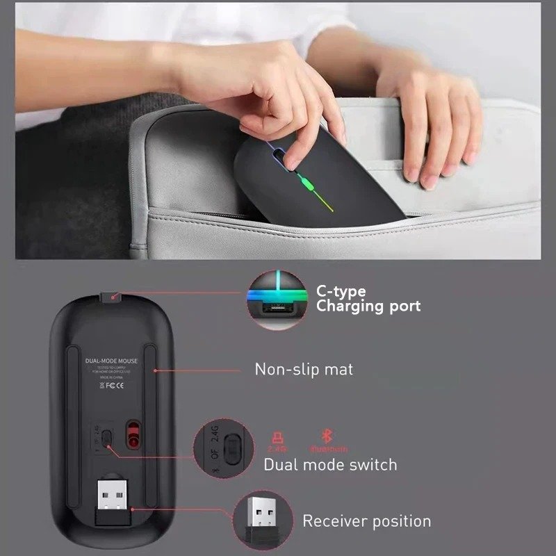 Rechargeable Bluetooth Wireless Mouse dual-mode switch and USB receiver