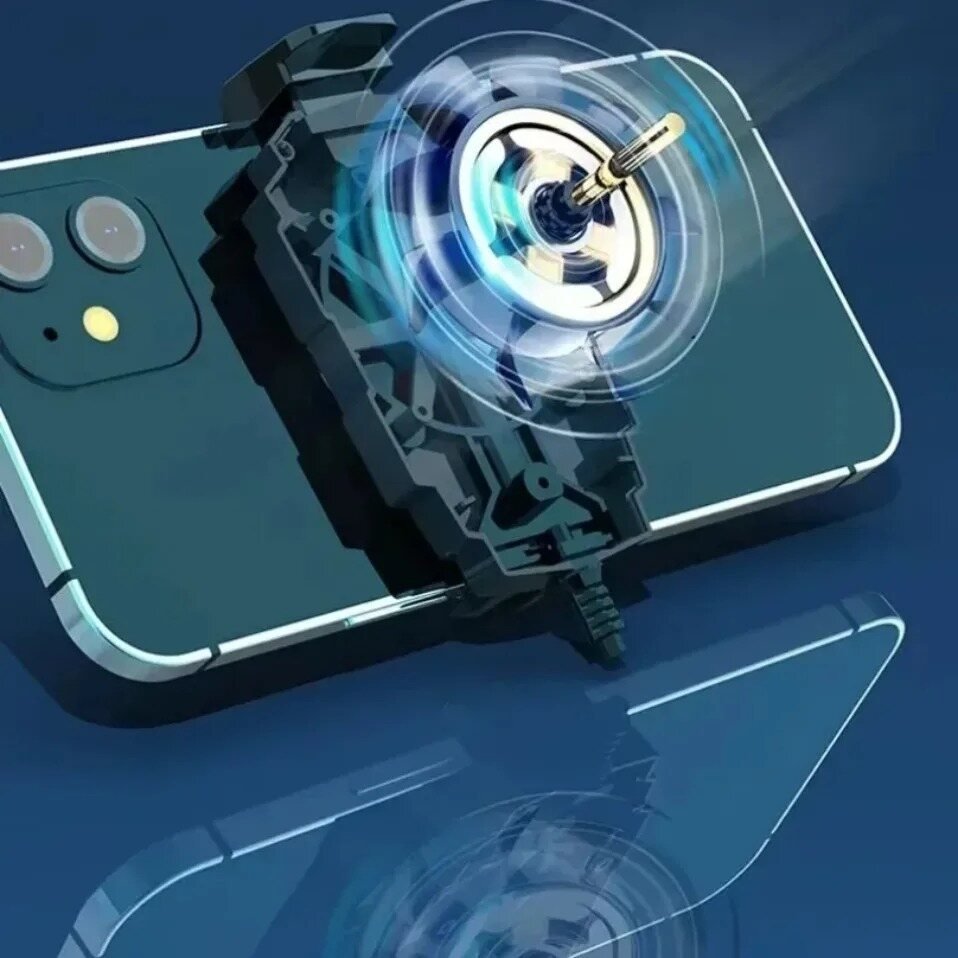Close-up of the copper-ring motor inside a phone cooler for gaming, showing the fan spinning.