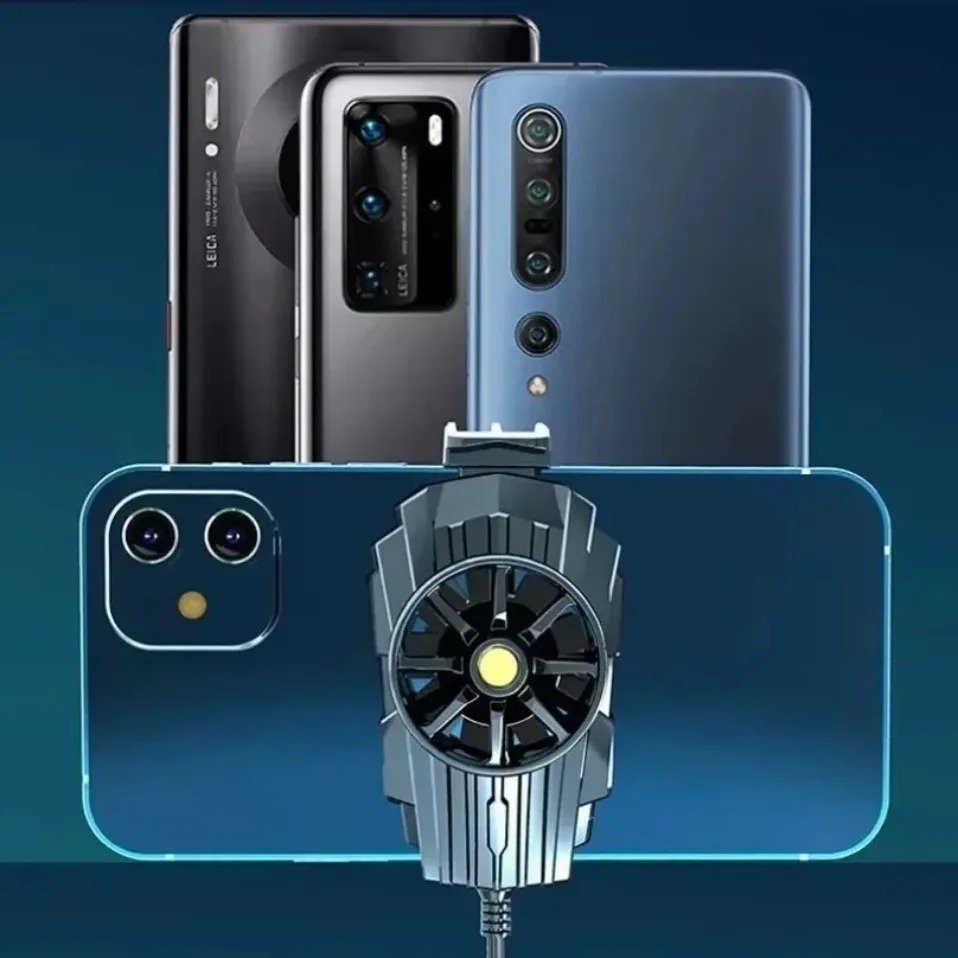 Universal phone cooler for gaming attached to an iPhone with Android models behind.
