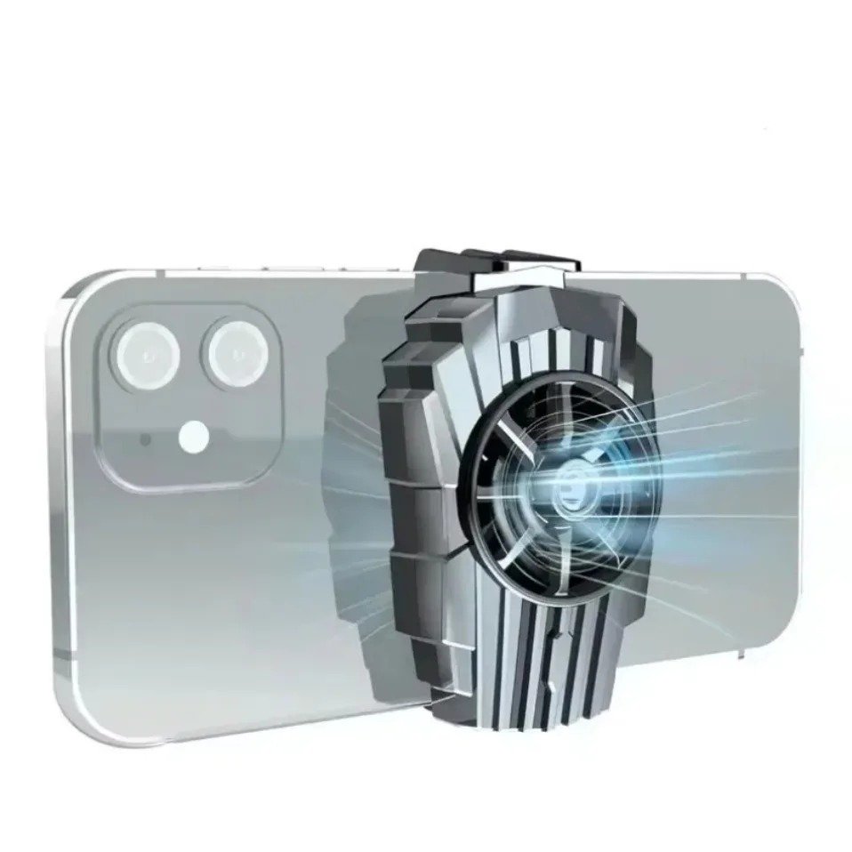 Phone cooler for gaming attached to the back of a smartphone blowing active airflow.