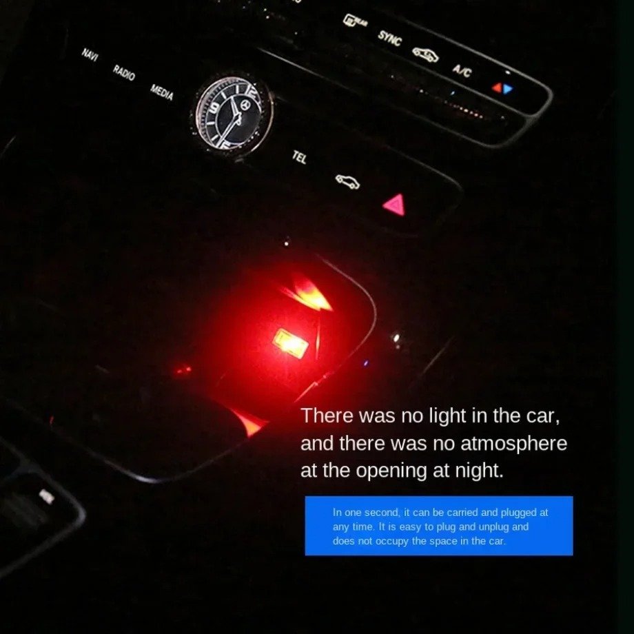 USB Mini LED Atmosphere Light illuminating a car interior